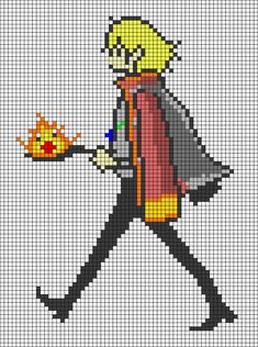 a cross stitch pattern with a cartoon character holding a fire