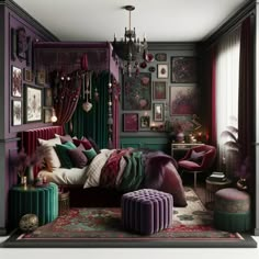 a bedroom decorated in purple, green and pink