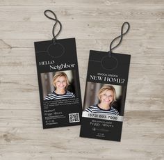 two black and white photo bookmarks with the words hello neighbor on them, hanging from strings