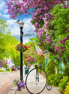 a painting of a bicycle parked next to a lamp post with flowers growing on it