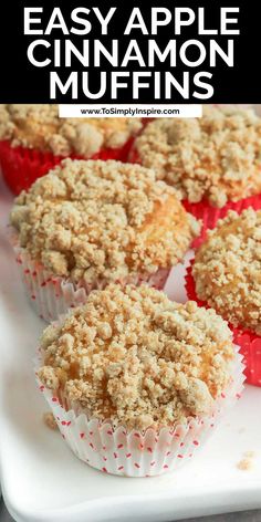 an easy apple cinnamon muffins recipe on a white plate with text overlay