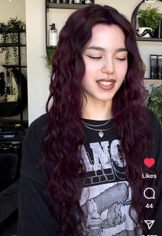 Purple For Brown Hair, Brown And Dark Purple Hair, Red Orange Highlights In Brown Hair, Blackberry Hair Color, Dark Red Curly Hair, Dark Plum Hair Color, Grape Hair, Plum Red Hair, Purple Red Hair