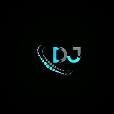 the logo for dj is shown in black and blue colors on a dark background with circles