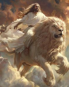 a man riding on the back of a white lion with clouds in the sky behind him