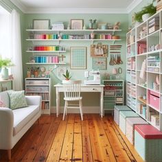 a living room filled with lots of furniture and shelves full of crafting supplies on top of wooden floors