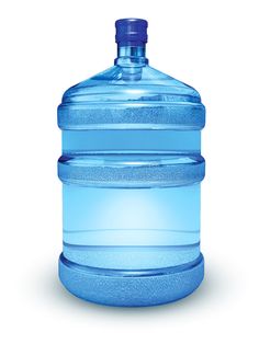 a large blue water bottle sitting on top of a white table