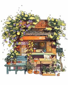 a drawing of a house with flowers on the roof and plants growing out of it