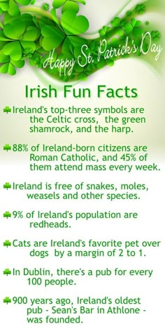 irish fun fact for st patrick's day with shamrocks on the side and green leaves