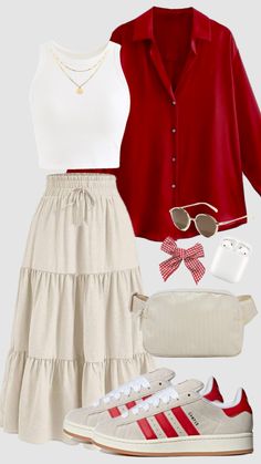 #white #red #offwhite #buttondown #ootd #cardigan #falloutfit #summeroutfit #skirt #redaesthetic #adidas #adidascampus #fallfashion #modestfashion #fashioninspo #outfitideas #backtoschool #autumn Ootd Cardigan, Casual College Outfits, Casual Outfit Inspiration