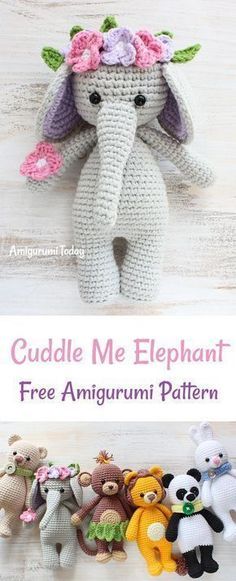 an elephant stuffed animal with flowers on it's head and the words cuddle me elephant free amigurmi pattern