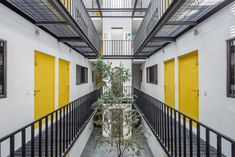 an indoor courtyard with yellow doors and black railings