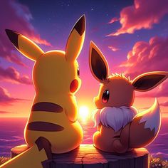 two pikachu sitting next to each other on top of a wooden post in front of a sunset