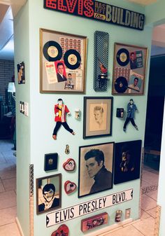 elvis presley memorabilia is displayed on the wall at elvis's building in las vegas