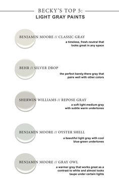 the back cover of beck's top 5 light gray paints, which includes four different shades