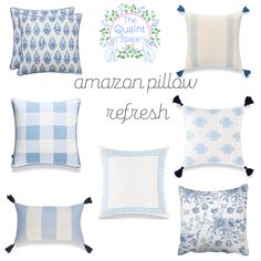 blue and white pillows with the words amazon pillow refresh