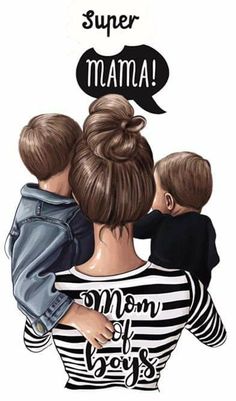 a mother holding her two children with the words super mamma above their heads in a speech bubble