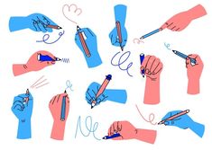 hands holding pencils and writing on paper with blue ink, in the shape of letters