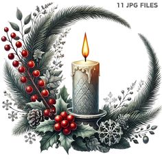 a lit candle surrounded by holly wreaths and berries on a white background with the words 11 jpg files