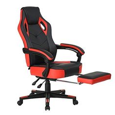 a black and red office chair with footstool in front of the seat is shown