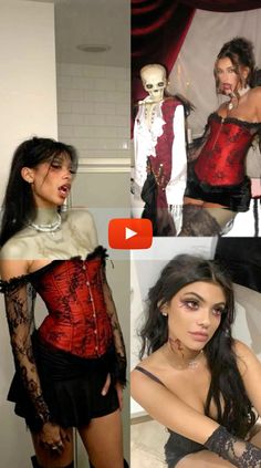 three pictures of women dressed in costumes and posing for the camera, one is wearing a red corset