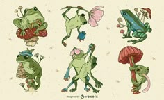 four different types of frogs with hats and umbrellas on their backs, one in the air