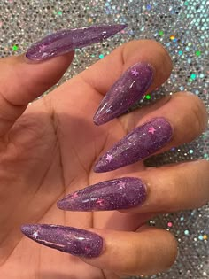 Nails With Stars, Purple And Silver Nails, Clear Glitter Nails, Acrylic Nails Stiletto, Purple Glitter Nails, Purple Stars, Purple Acrylic Nails, Her Nails, Hair Done