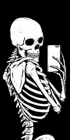 a skeleton holding up a cell phone in its right hand and looking at the screen