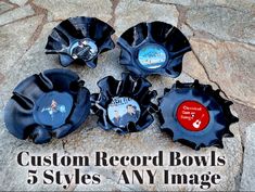 five custom record bowls are shown on the ground with text overlay that reads 5 styles, any image