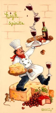 a painting of a chef with wine and bread on a platter that says high spirits