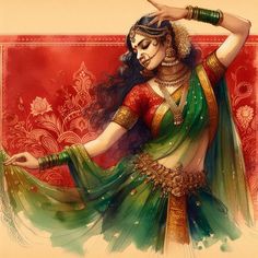 a painting of a woman in a green and red sari dancing with her hands behind her head