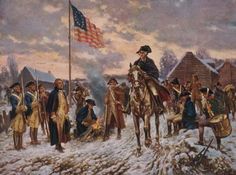 an image of a painting of men on horses in the snow with one man holding a flag