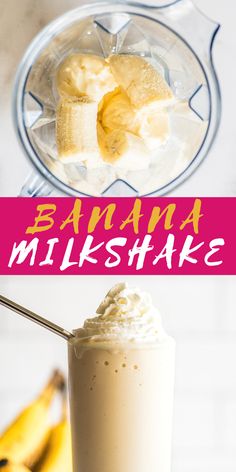 banana milkshake in a blender with whipped cream on top and bananas next to it