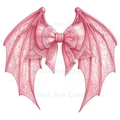 a drawing of a pink dragon wing with lace on it's wings and a bow