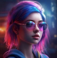 a woman with pink and blue hair wearing sunglasses