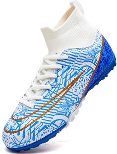 the nike hyper flyknit football shoe is shown in white and blue with orange accents