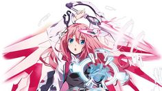 an anime character with long pink hair and blue eyes holding a circular object in her hand