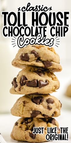 chocolate chip cookies stacked on top of each other