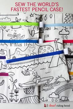 four zippered pouchs with drawings on them and the words sew the world's fastest pencil case