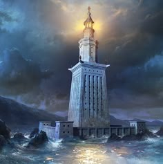 an artistic painting of a lighthouse in the middle of water with dark clouds above it