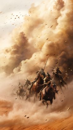 a group of men riding on the backs of horses in front of a sky filled with clouds