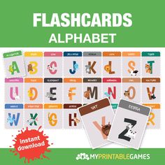 the flashcards alphabet is shown with pictures of animals and letters on it's sides