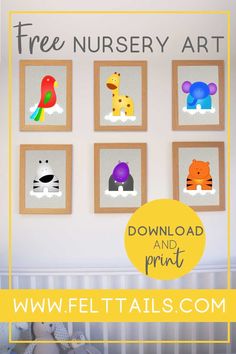 a baby crib with pictures of animals on it and the text free nursery art