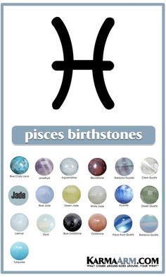 the pisces and their birth stones are shown in this graphic style, with different colors