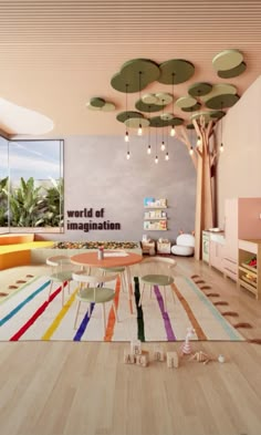 the interior of a children's playroom with colorful rugs and tables in it