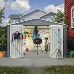 an outdoor storage shed with the doors open and various items in it, including a bbq