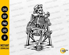 a skeleton sitting in a chair with a hat on