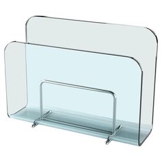 two clear glass shelves with metal handles on each side and one holding a magazine holder