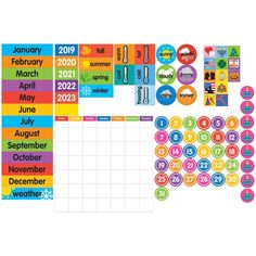 a colorful calendar with the dates for each month and numbers in different colors on it