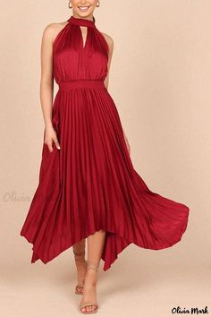 Olivia Mark - Sleeveless Halter Neck Irregular Hem Solid Color Dress Handkerchief Style, Elegant Midi Dresses, Dress Sleeve Length, Long Beach Dress, Party Kleidung, Solid Color Dress, Halterneck Dress, Beach Dress, Styl Vintage