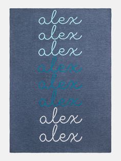 a blue towel with the words alex, alex and alex written on it in different colors